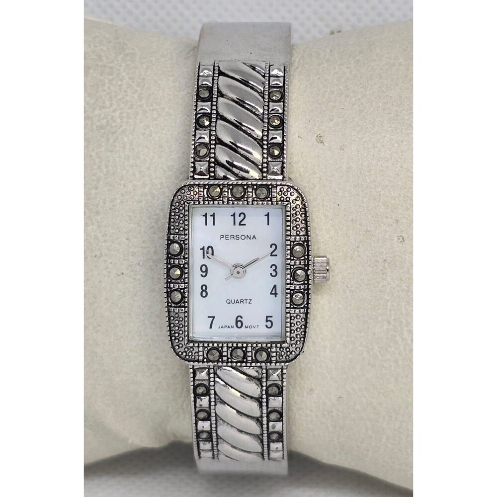 Women's Persona Marcasites Rectangle White Dial Silver Tone Cuff Watch 05
